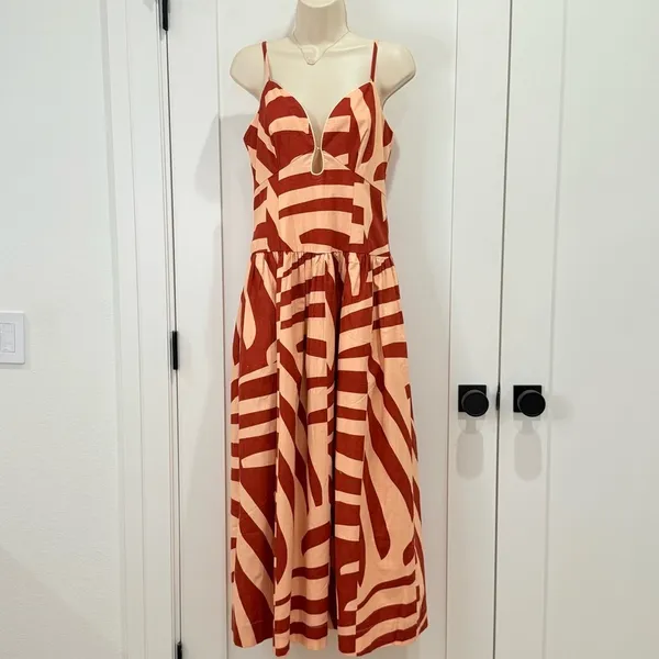 Mon Renn Surreal Midi Dress Tropico Print Red Medium Drop Waist Vacation Resort - Image 2