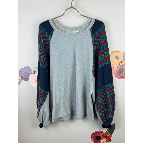 We The Free Rainbow Dream Bohemian Gray Oversized Thermal Sweatshirt - Size - XS - Image 2