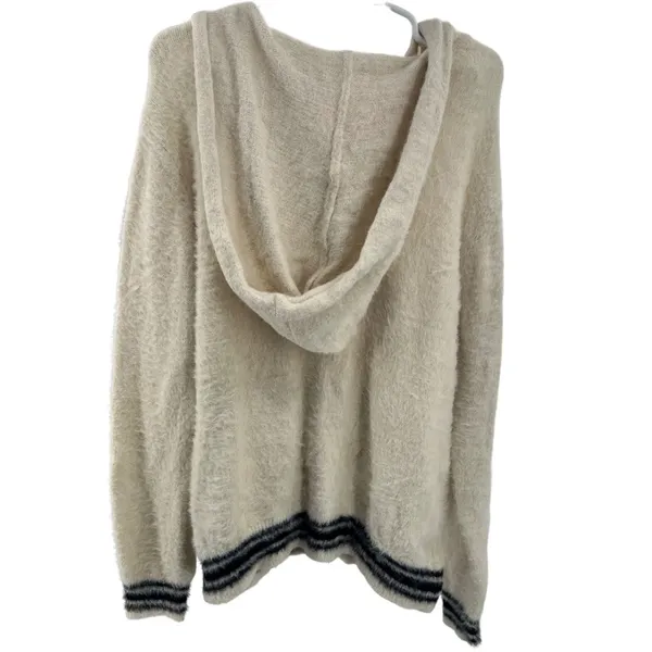 Easel hooded L eyelash sweater cream black stripes soft preppy v-neck neutral - Image 2
