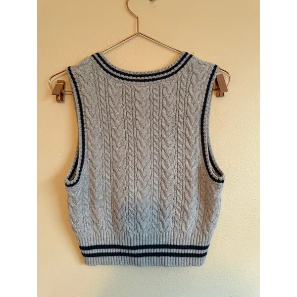 American Eagle Women Sweater Vest Small Gray Cotton Varsity Cable Knit Cropped - Image 5