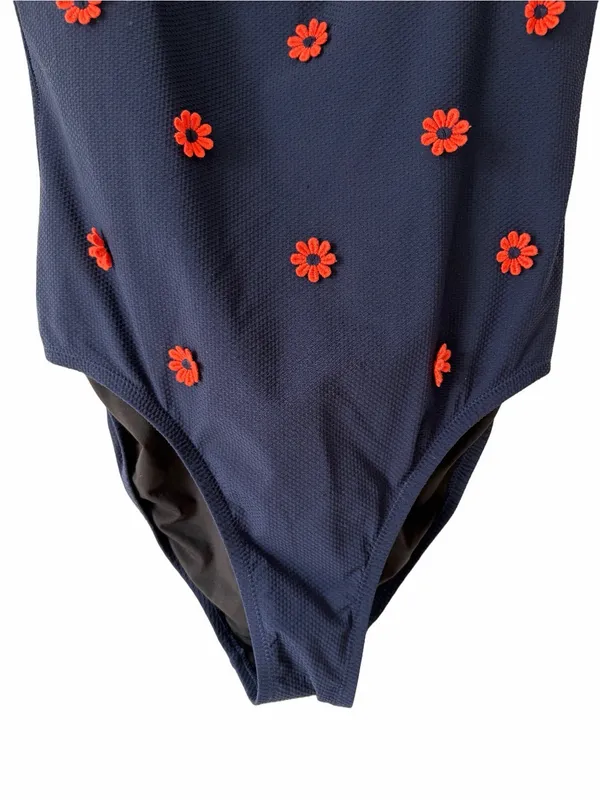 J. Crew Navy Blue Strapless Daisy Appliqué Swimsuit size 6 Textured Removable - Image 2
