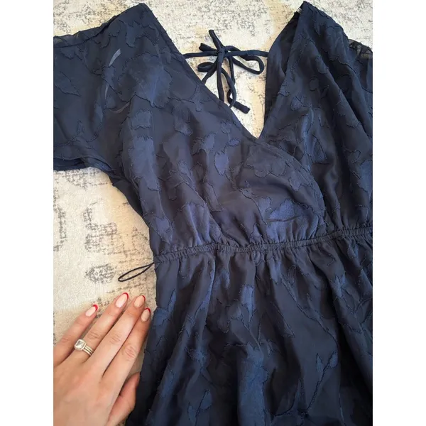 Lulus Flutter Forever Navy Burnout Jacquard Mini Dress Size XS V Neck Feminine - Image 10