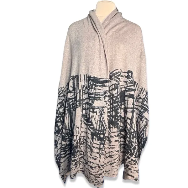 Neutral Taupe Beige Abstract Art Knit Shawl Wrap Poncho Scarf Lightweight‎ Layer - Image 6