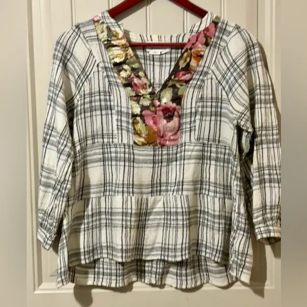 by Anthropologie Black/White Darlene Plaid Peasant Blouse - Image 3