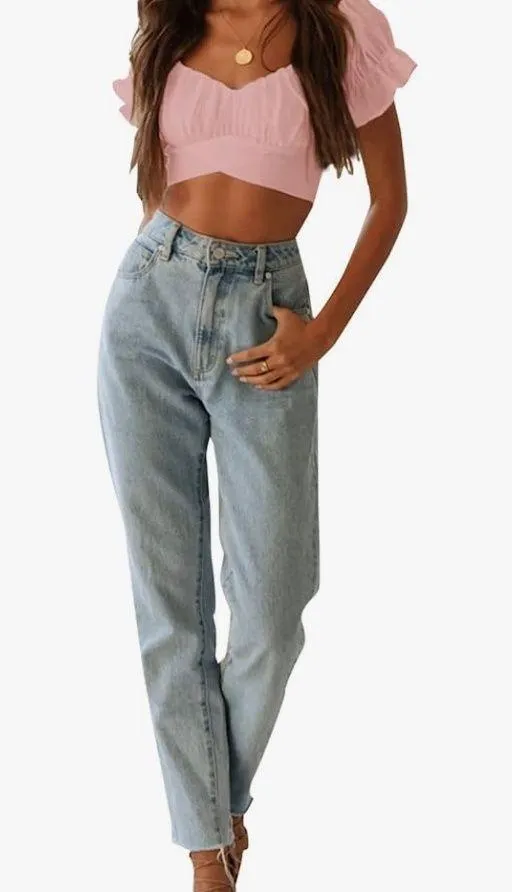 Lyaner Ruffle Short Sleeve Tie Up Back Crop Top Off Shoulder Bardot Blouse - Image 2