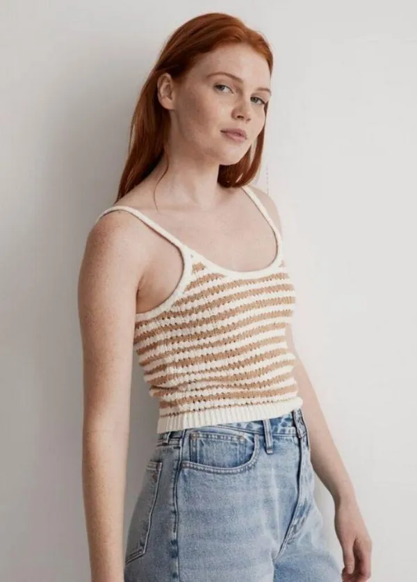 💕MADEWELL💕 Open Stitch Cardigan Sweater + Tank Set Stiped Earthen Sand Medium - Image 6