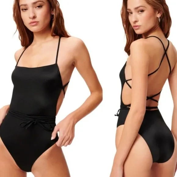Good American NEW Swimsuit Medium One Piece Shine Barely There Black Tie NWOT - Image 2