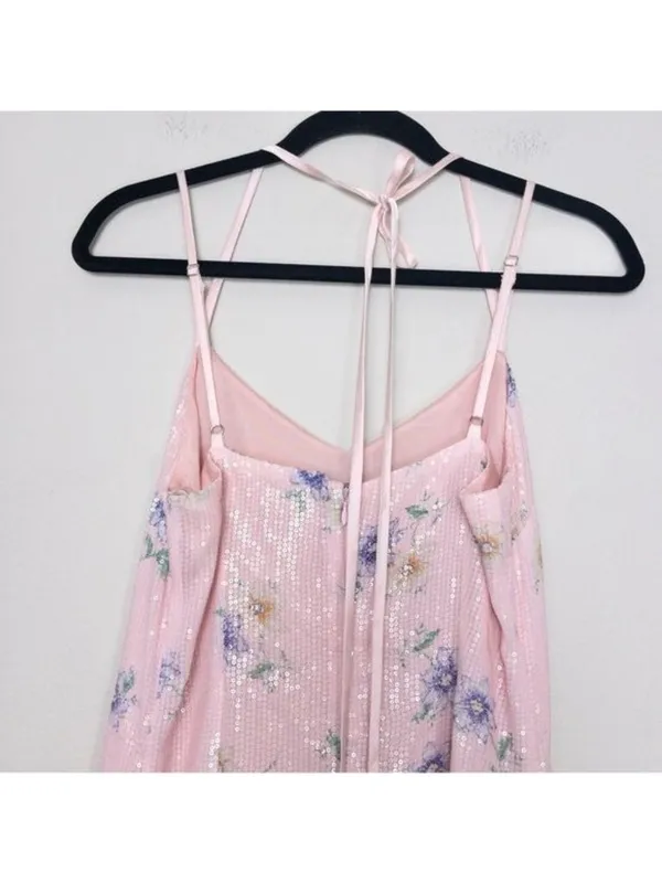 NEW Endless Rose Free The Roses Sequin Floral Slip Maxi Dress S Pink Halter Tie - Image 6