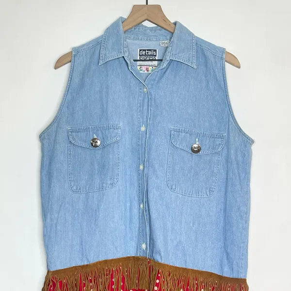 Vintage Details Express Tunic Shirt Women's Size Large‎ Blue Chambray Fringe 90s - Image 3