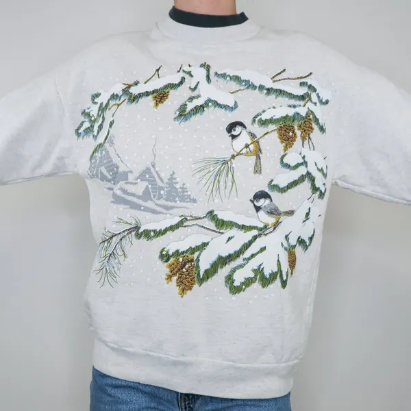 Vintage 90s Winter Bird Christmas Sweatshirt - Image 2