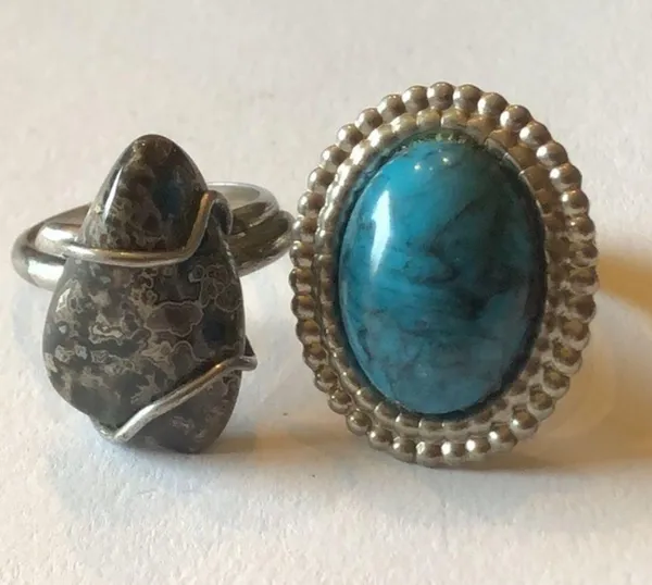 Vintage Silver Tone Turquoise & Stone Adjustable Rings - Image 2