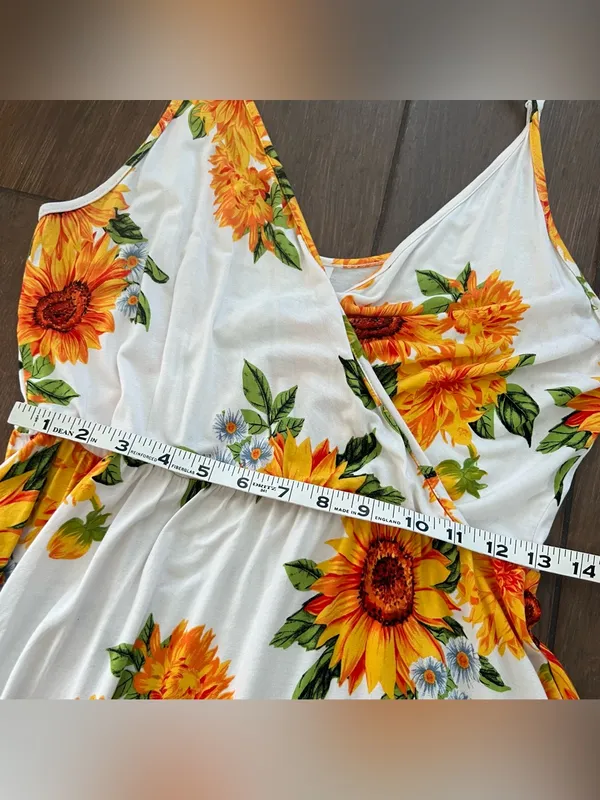 Sunflower White Sundress Weaczzy- Floral Wrap Dress sz L Picnic Wedding Guest - Image 4