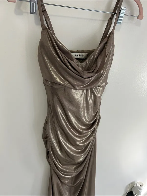 Popilush Metallic Cowl Neck Ruched Midi Dress Bronze - Image 7