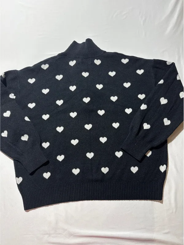 Cozy Black Half-Zip Sweater with Cute White Hearts - Size L - Image 5