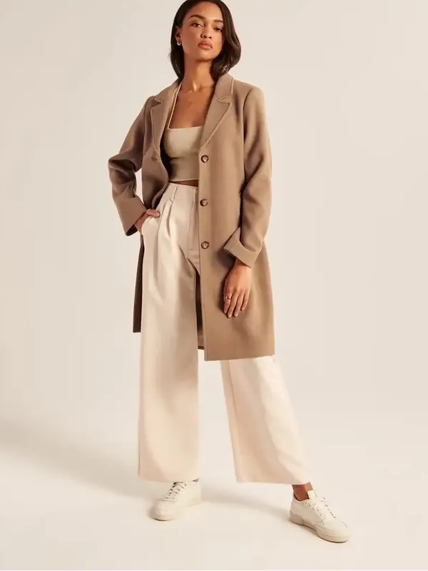 Abercrombie & Fitch Classic Women's Tan Wool-Blend Long Dad Coat - Image 2