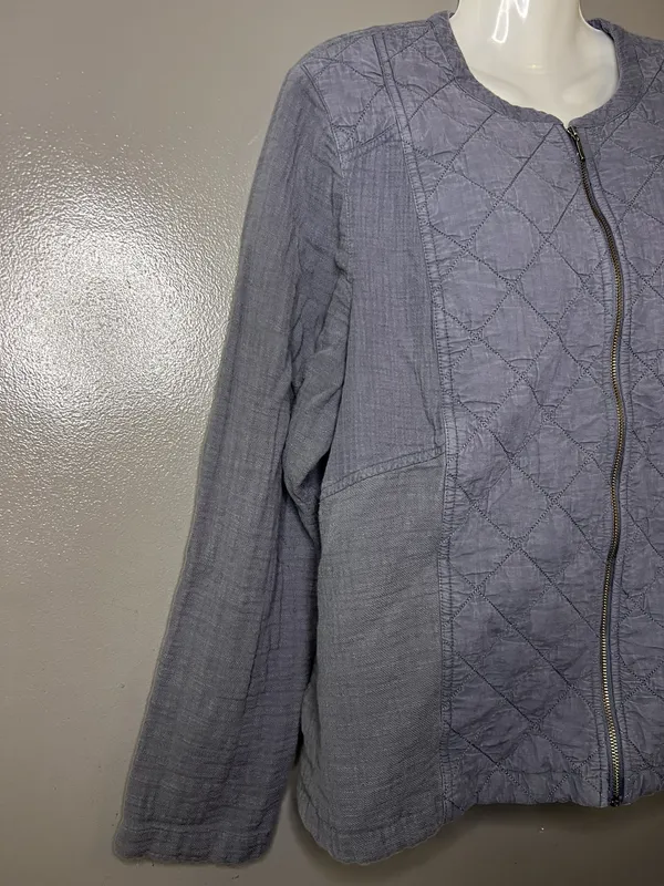 J Jill Jacket Womens Large Gray Quilted Cotton Full Zip Collarless Lightweight - Image 3