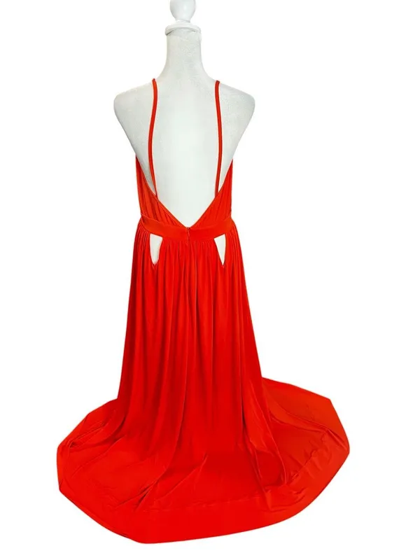 House of CB Ischia Orange Cutout Plunge Backless Maxi Dress M Goddess Resort - Image 4