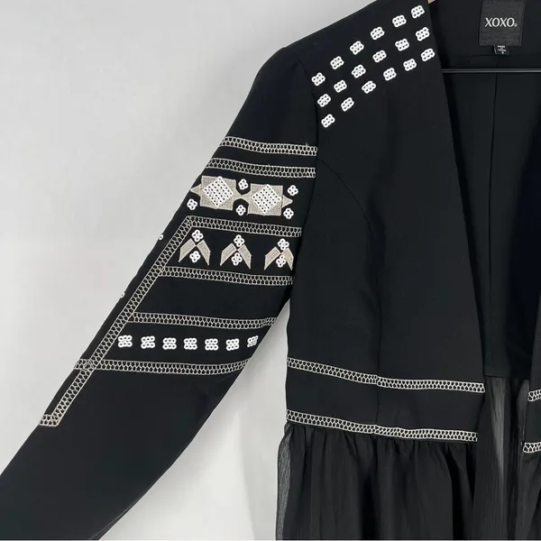 XOXO Sequin Embellished Embroidered Chiffon Hem‎ V Neck Peplum Jacket Size S - Image 6