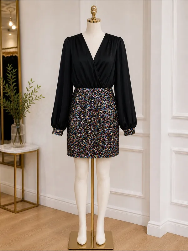 SheIn Black Long-Sleeve Sequin Mini Dress-Large / Size 8-10 - Image 5