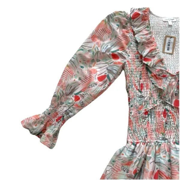 Vestique Sammie Dress Peach Green Floral Smocked Deep V-Neck Mini Small NEW - Image 10