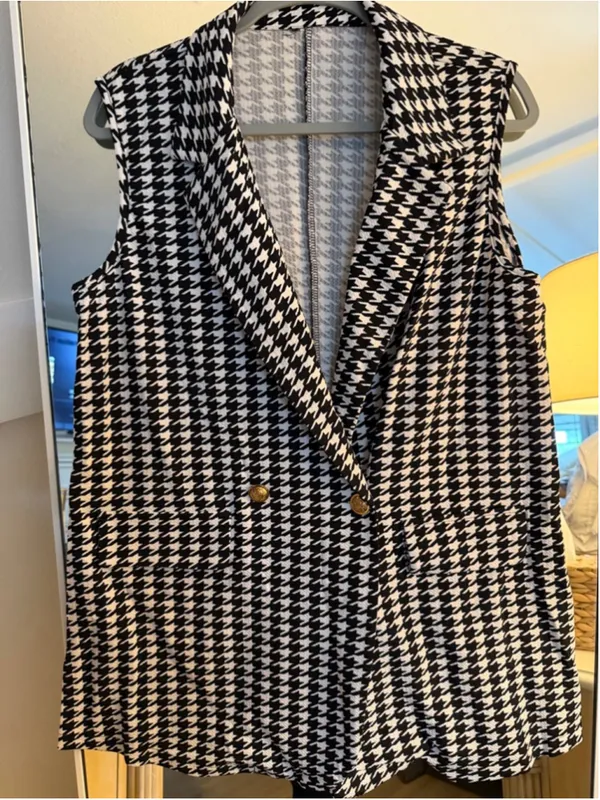 NEW Houndstooth Lapel Button Front Blazer Sleeveless Long Vest M Black Size M - Image 5