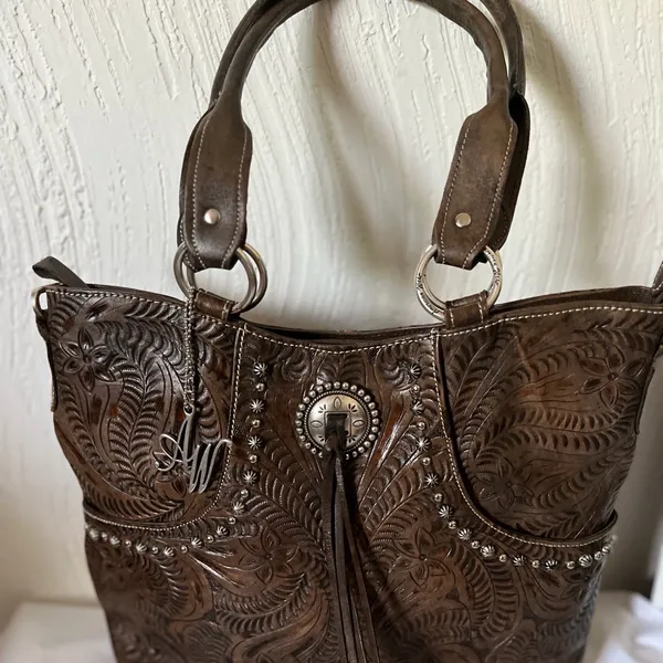 American West Hand Tooled Leather Handbag Western Bag Shoulder Purse Tassel - Image 2