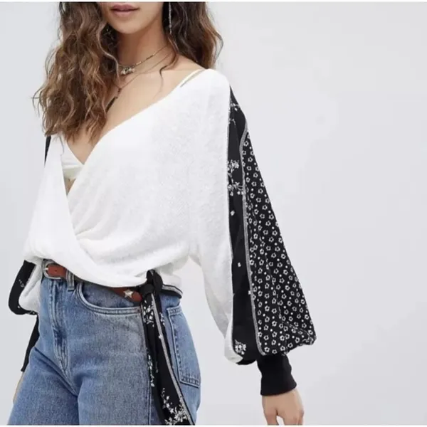 Free People Auxton Thermal Wrap Top Ivory Black Floral Waffle Knit Shacket S - Image 2