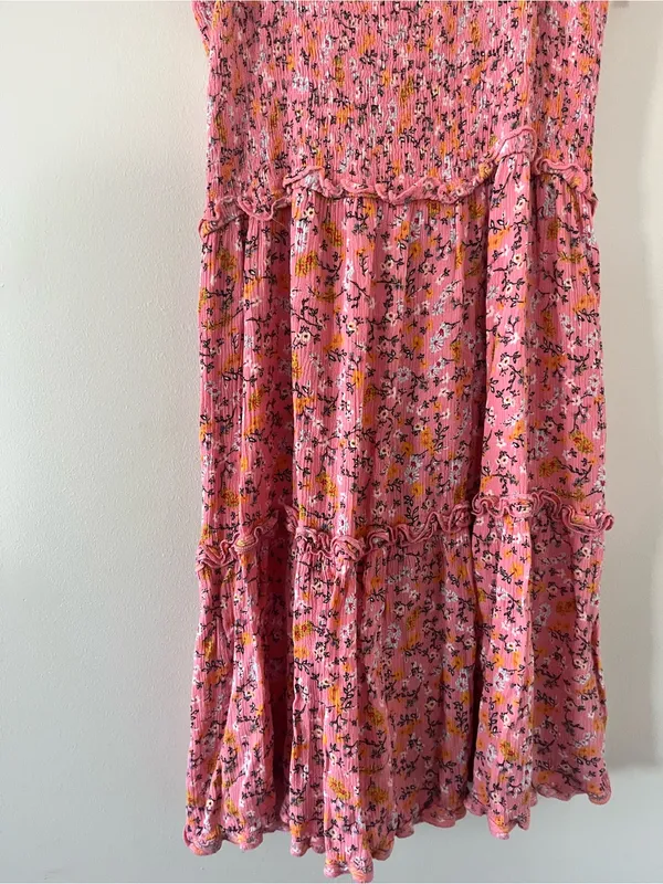 Pink Ditsy Floral Smocked Mini Dress Medium Tie Strap Cottagecore Summer Beach - Image 3