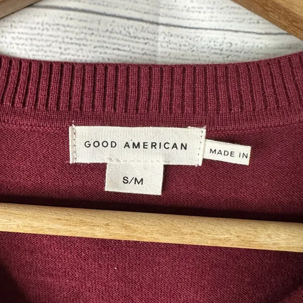 Good American Henley Sweater S/M Wine Red Ribbed Knit Quiet Luxury Pullover - Image 4
