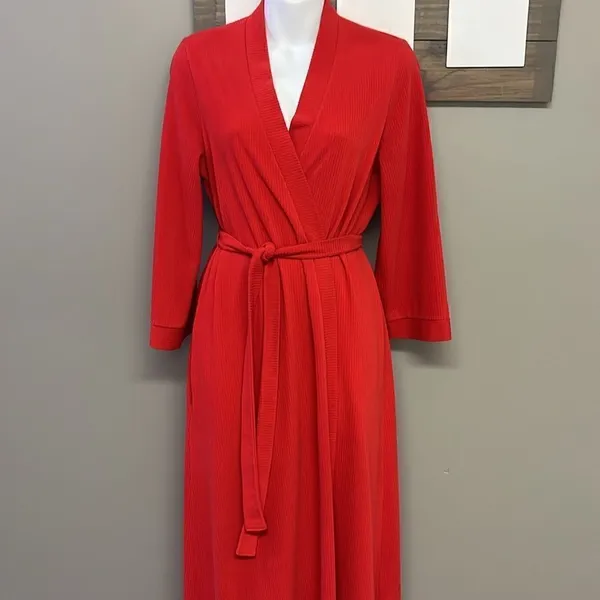 Vintage Vanity Fair Vibrant Red Full-Length Ribbed Wrap V-Neck Robe with Belt-Sm - Image 2