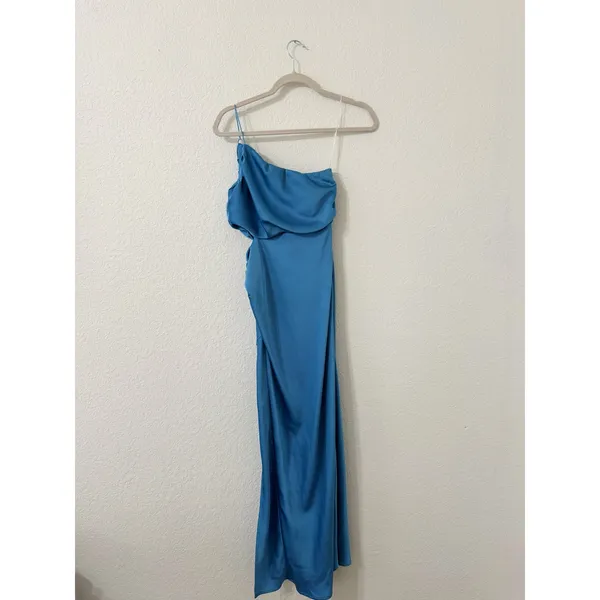 Hello Molly Blue One Shoulder Satin Maxi Dress Side Ruched Formal Gown Size 4 - Image 3