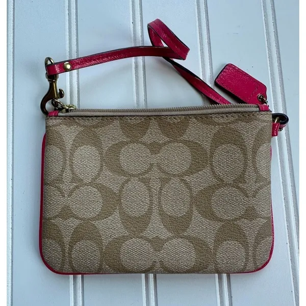 Coach Peyton Signature Brown Pink‎ Wristlet Wallet Gold Logo Zip Closure - Image 5