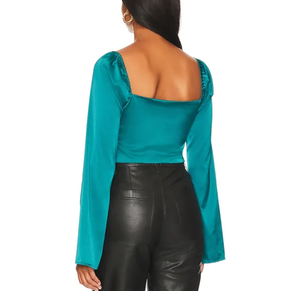 Revolve Teal Satin Crop Top SMALL Going Out Club Pirate Cut Out More to Come NEW - Image 3