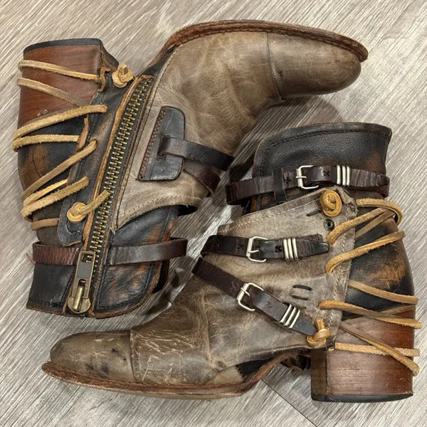Freebird by Steven Crue Gray Multi Leather Distressed Buckle Ankle Boots Size 8 - Image 6