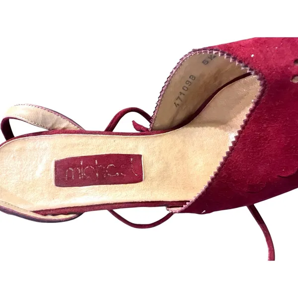 70's vintage burgundy suede peep toe sandals wrap kitten heels ankle strap 5 - Image 5