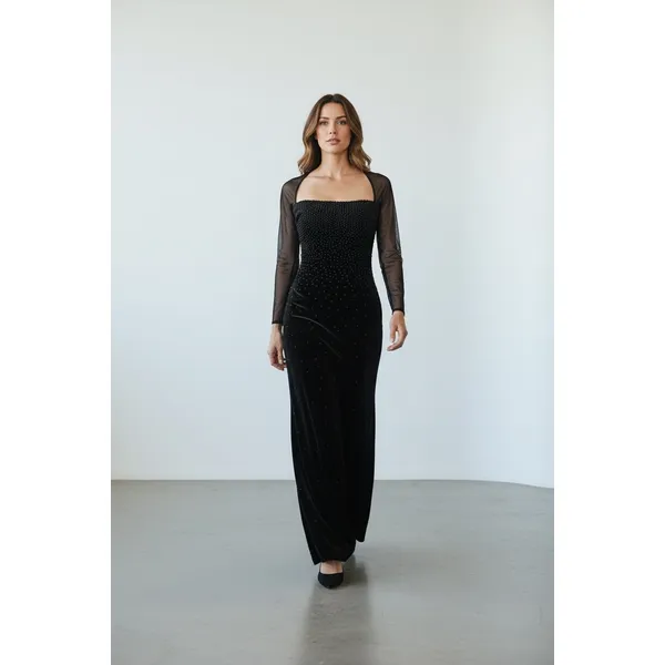 VTG 90s‎ Cache Velvet Beaded Evening Gown XS Brown Sheer Mesh Maxi FairyGrunge - Image 2