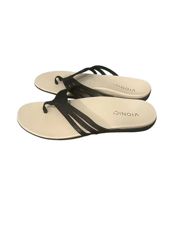 Vionic Alta Toe Post Sandals Black Leather Cream Thong Comfort Shoes 8.5M - Image 2