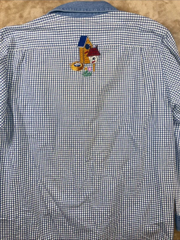 Quaker Factory Blue Gingham Button-Up Shirt with Embroidered Birdhouses - Image 7