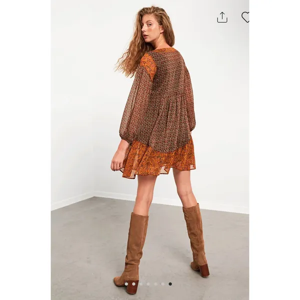 Pull&Bear Paisley Boho Babydoll Tiered Dress XL Brown Orange Peasant Cottagecore - Image 2