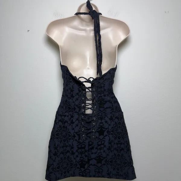 White Fox Women Thou Shalt Not Mini Dress Small Midnight Blue Velvet Grunge - Image 9