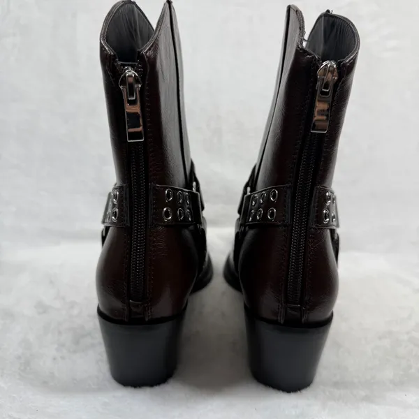 Lulus Dark‎ Brown Faux Leather Harness Western Ankle Boots Pointed Toe Zip 8 - Image 6