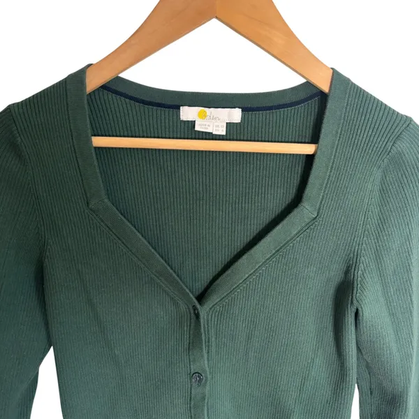 Boden Forest Green Ribbed Sweetheart Cardigan Scalloped Cuff Sweater US 6 UK 10 - Image 2