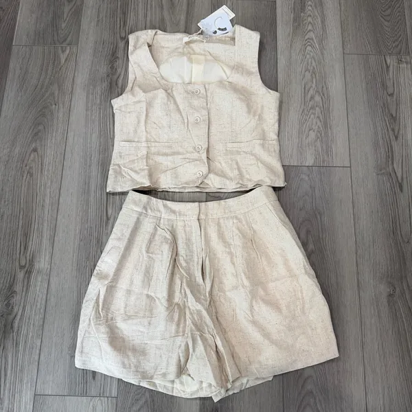 Commense Old Money Linen Blend Elegant Casual Khaki Vest Shorts Set M - Image 2