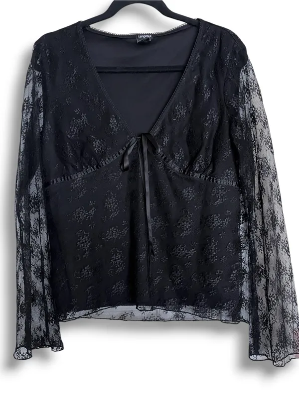 Vintage Black Lace V-Neck Tie Front Blouse - Image 2