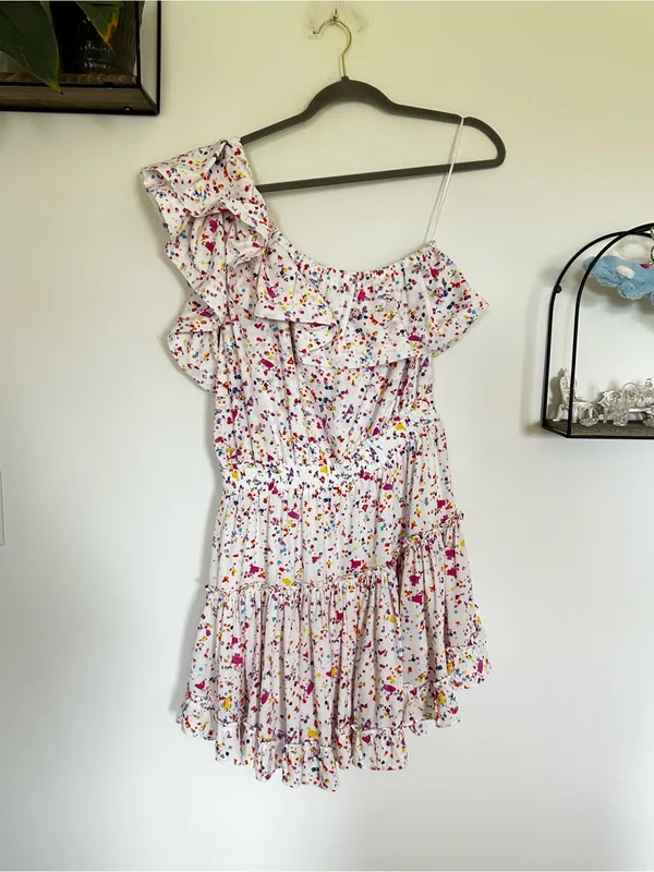 Buddy Love Sofia Rainbow Splatter Polka Dot One Shoulder Ruffle Mini Dress Large - Image 3