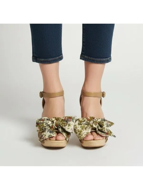 Vintage CROWN women’s wood platform heels "miss america" floral fabric bow Sz 7M - Image 3