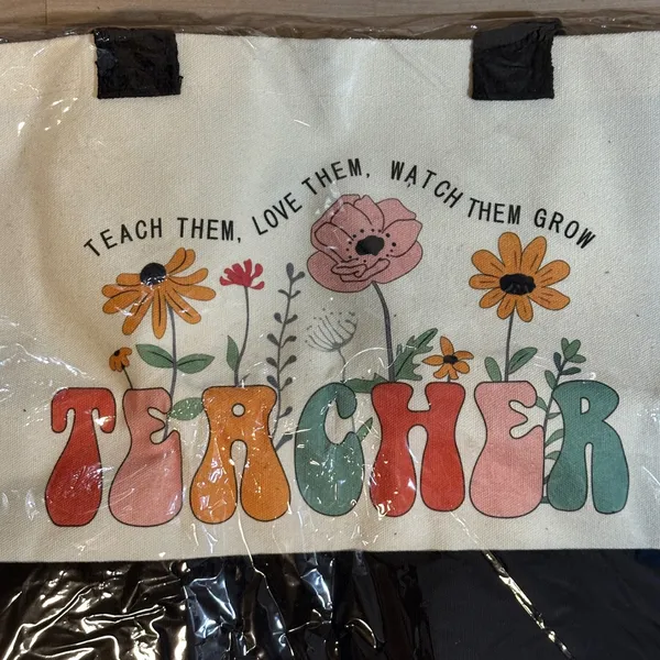 Teacher Tote Bag Floral "Teach Them Love Them Watch Them Grow"‎ Graphic Canvas - Image 4