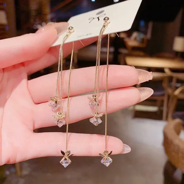 Women's Crystal Flower Long Tassel Dangle Drop Earrings - Image 3