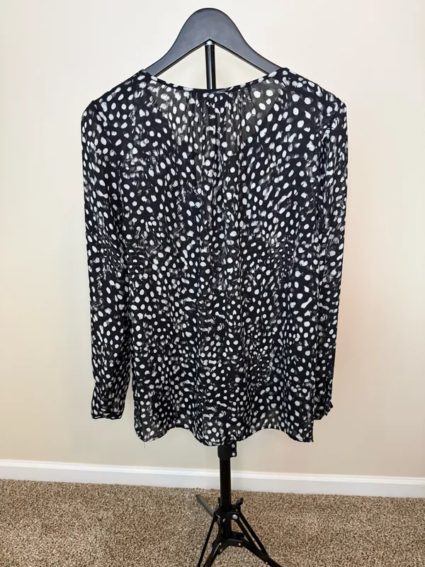 Michael Michael Kors Black & White Abstract Dot Tie-Neck Long Sleeve Blouse Size L - Image 4