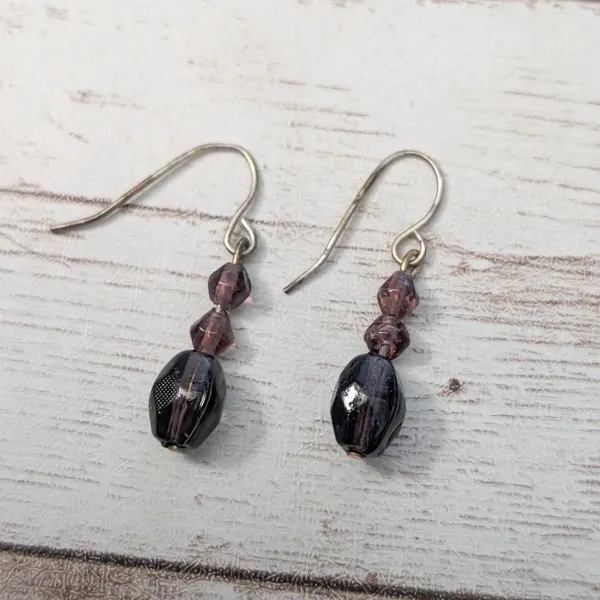 Vintage Earrings For Pierced Ears Dark Purple Beads - Image 2